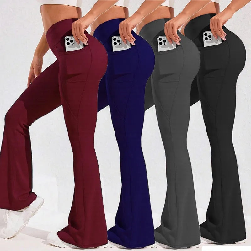 High Waist Women’s Flare Yoga Pants – Push-Up Wide Leg Leggings with Pocket