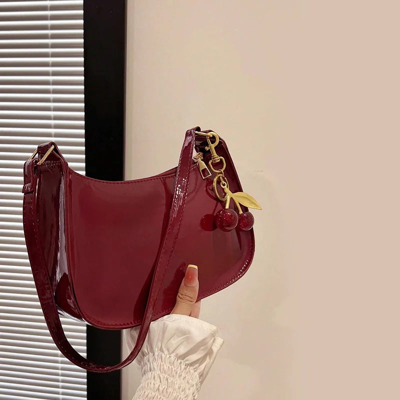 Women’s PU Leather Shoulder Bag with Cherry Pendant