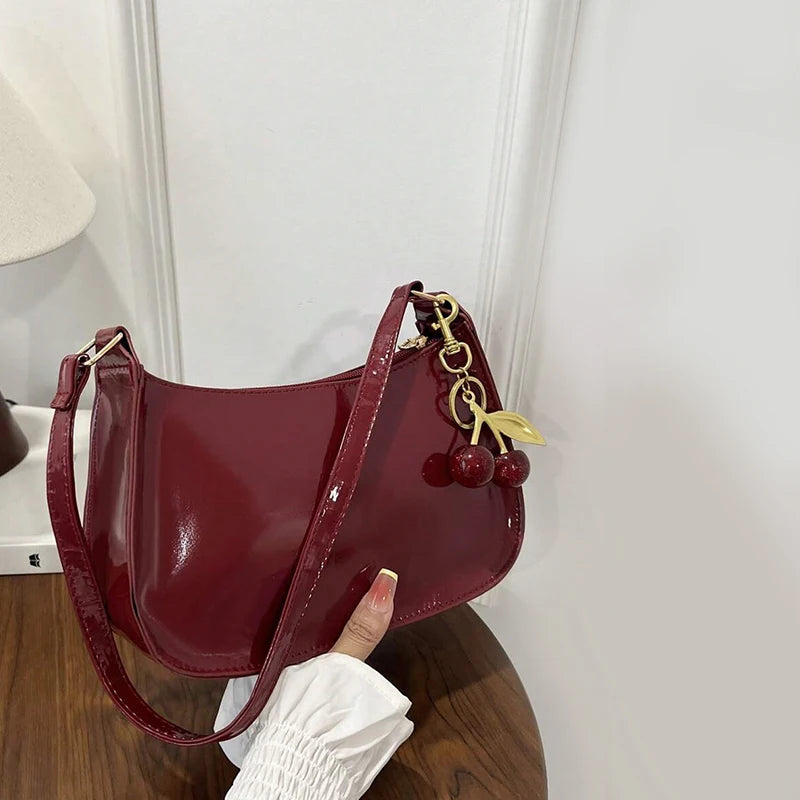 Women’s PU Leather Shoulder Bag with Cherry Pendant