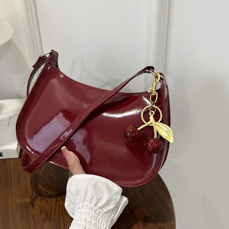 Women’s PU Leather Shoulder Bag with Cherry Pendant