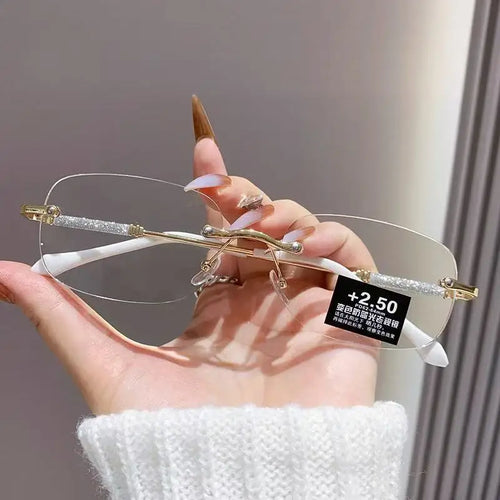 0~ +4.0 Photochromic Color Metal Anti Blue Light Reading Glasses Women's Frameless HD Reading Sunglasses & Accessories