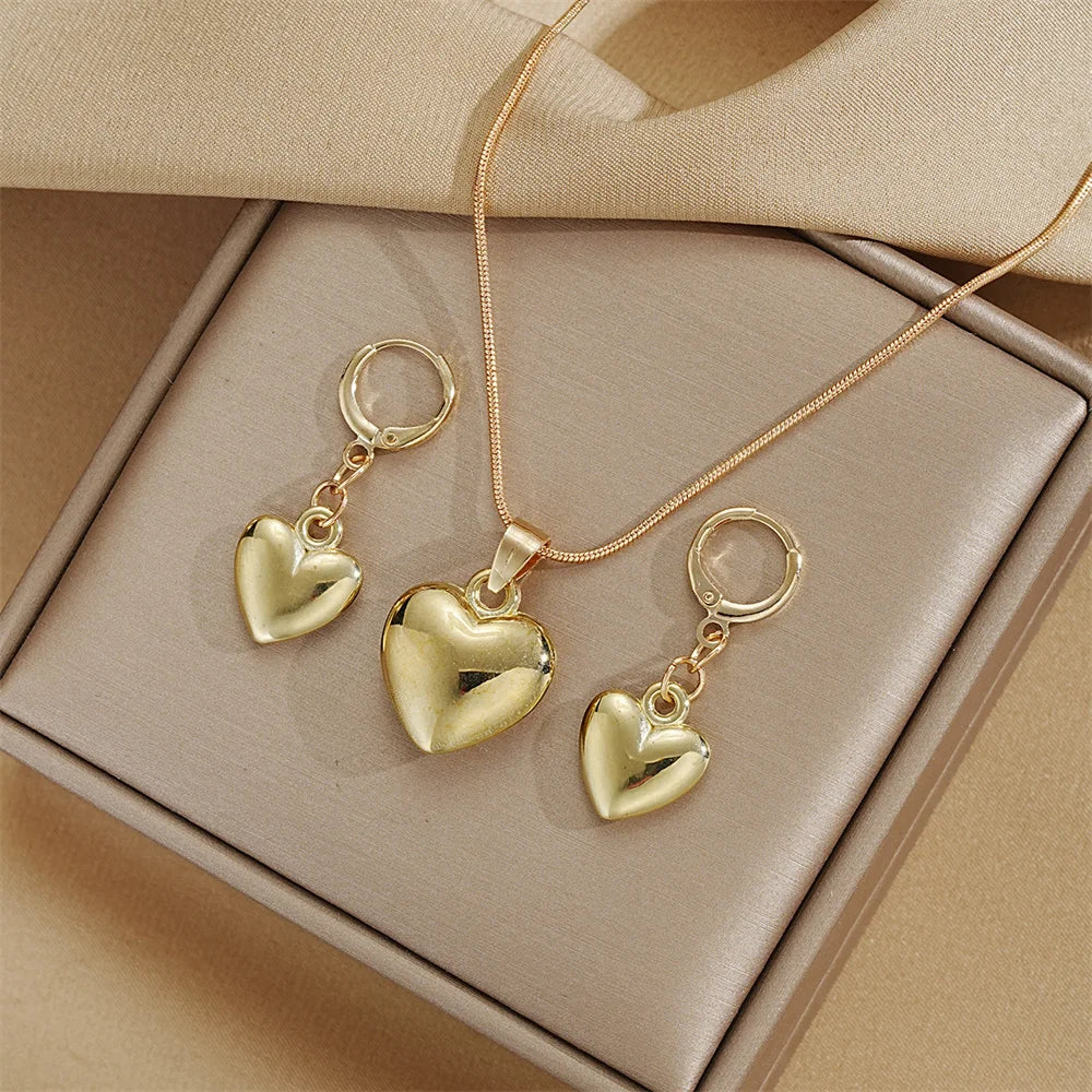 Women’s Glossy Gold Plated Heart Jewelry Set – Dangle Earrings & Necklace for Daily Wear