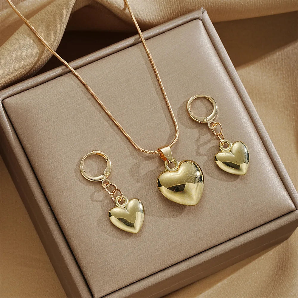 Women’s Glossy Gold Plated Heart Jewelry Set – Dangle Earrings & Necklace for Daily Wear