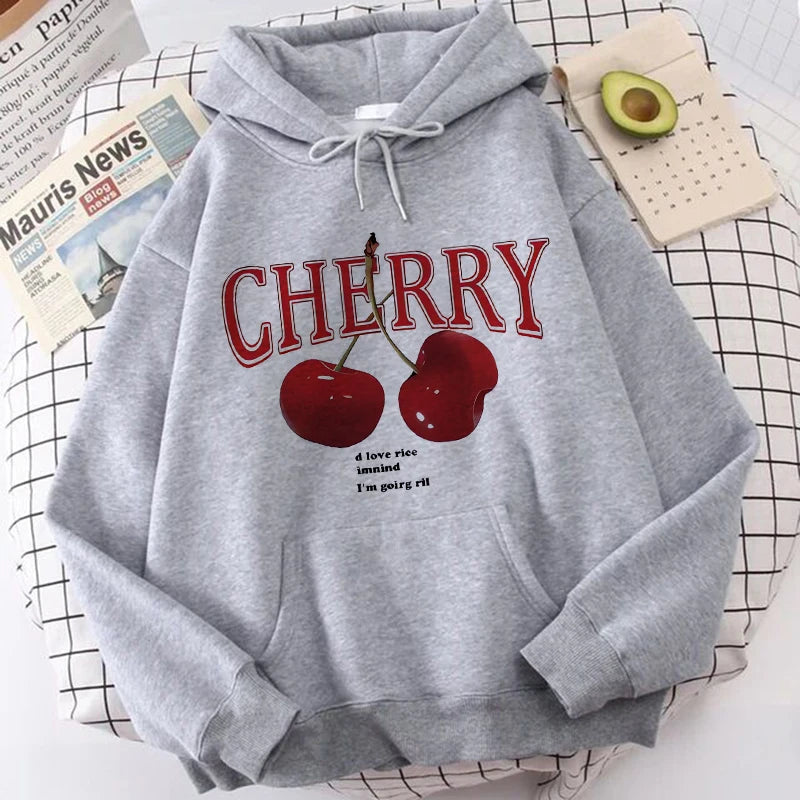Girls’ & Women’s Y2K Cherry Print Hoodie – Long Sleeve Pocket Gothic Streetwear Sweatshirt