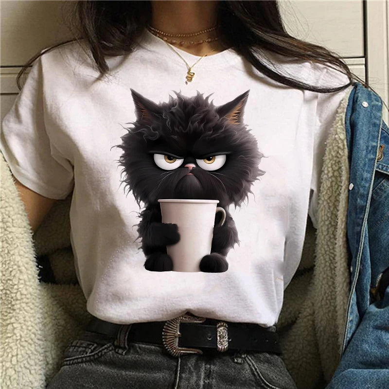 Women’s Summer White Cat Print T-Shirt – Casual Short Sleeve O-Neck Top