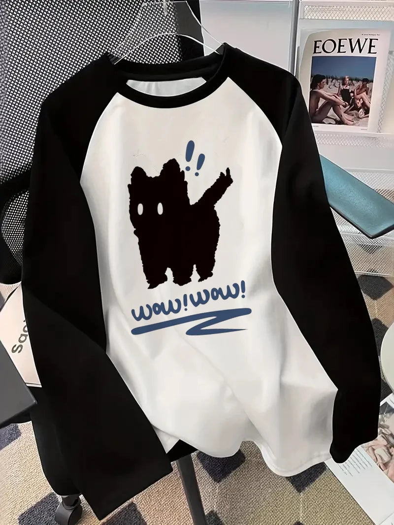 Women’s Long Sleeve Black Cat T-Shirt – Funny Casual Crew Neck Top for Autumn & Winter