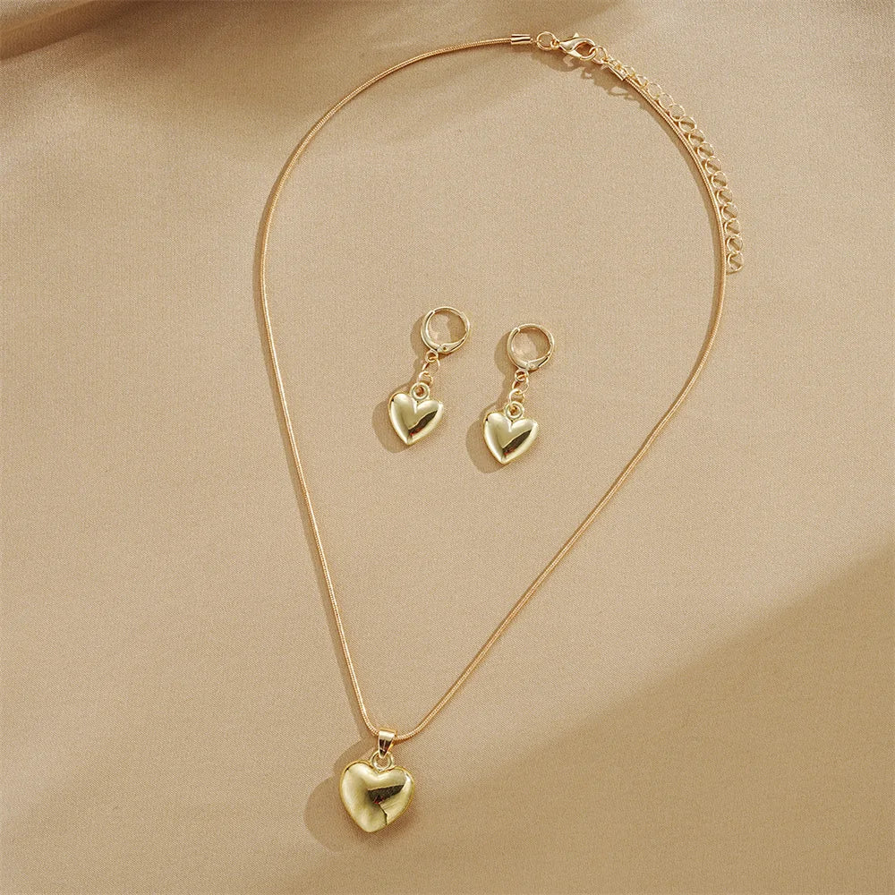 Women’s Glossy Gold Plated Heart Jewelry Set – Dangle Earrings & Necklace for Daily Wear