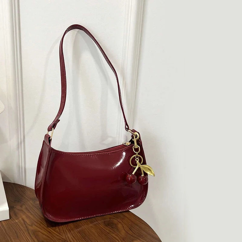 Women’s PU Leather Shoulder Bag with Cherry Pendant