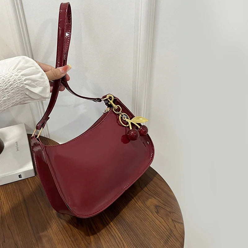 Women’s PU Leather Shoulder Bag with Cherry Pendant