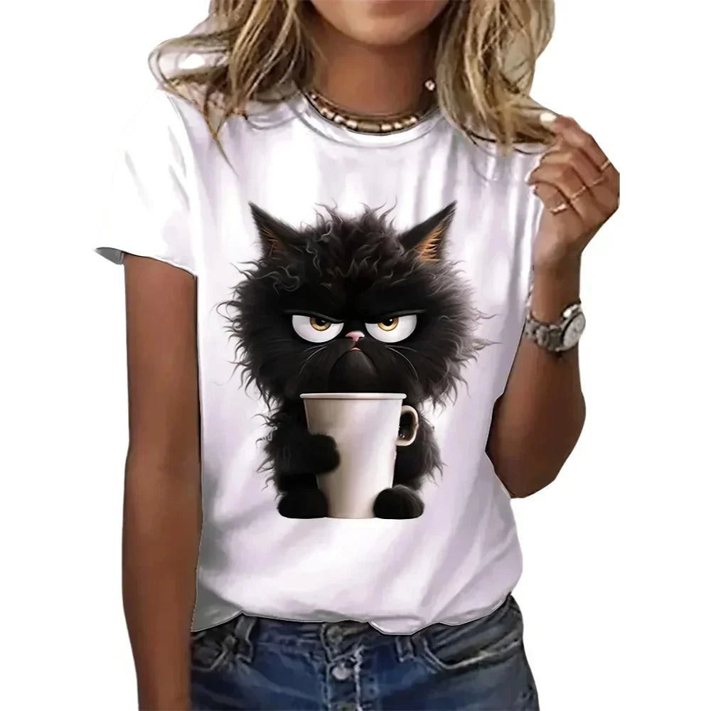 Women’s Summer White Cat Print T-Shirt – Casual Short Sleeve O-Neck Top