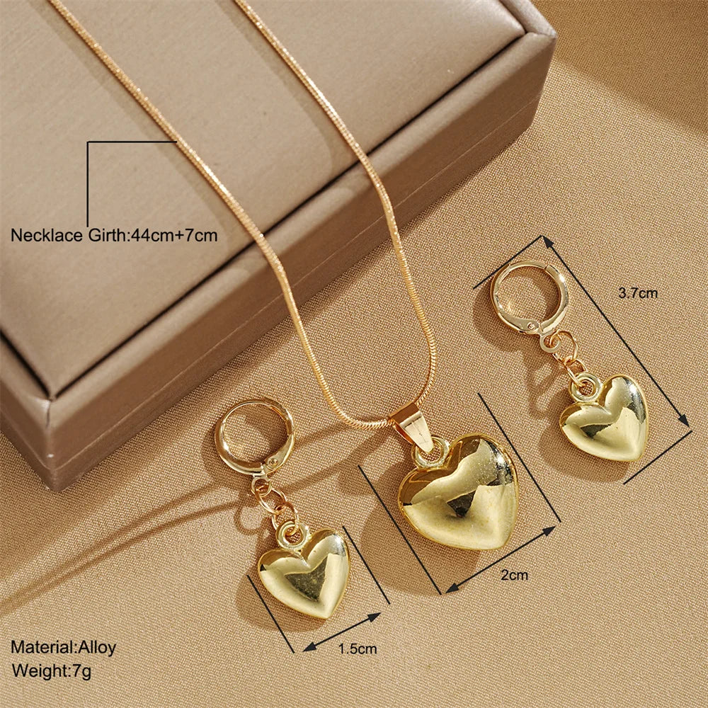 Women’s Glossy Gold Plated Heart Jewelry Set – Dangle Earrings & Necklace for Daily Wear